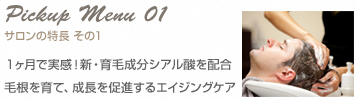 Pickup Menu 01 サロンの特長 その1 １ヶ月で実感！新・育毛成分シアル酸を配合 毛根を育て、成長を促進するエイジングケア